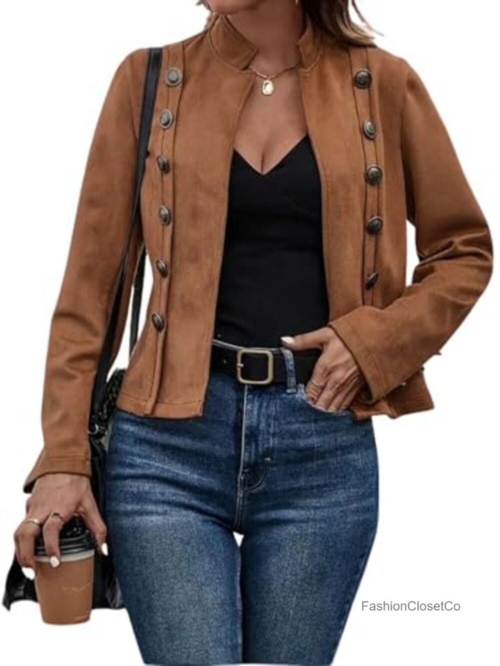 Faux Suede Leather Jacket Long Sleeve Cropped Pea Coat Casual Fall